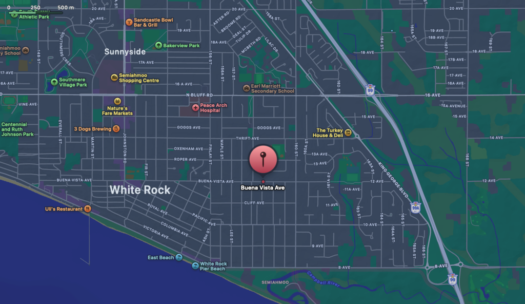 A map view of where Buena Vista Ave is located in White Rock, BC